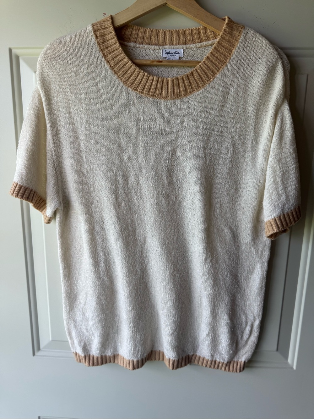 Vintage Splendid Cream Short-Sleeve Crewneck Sweater with Camel Trim